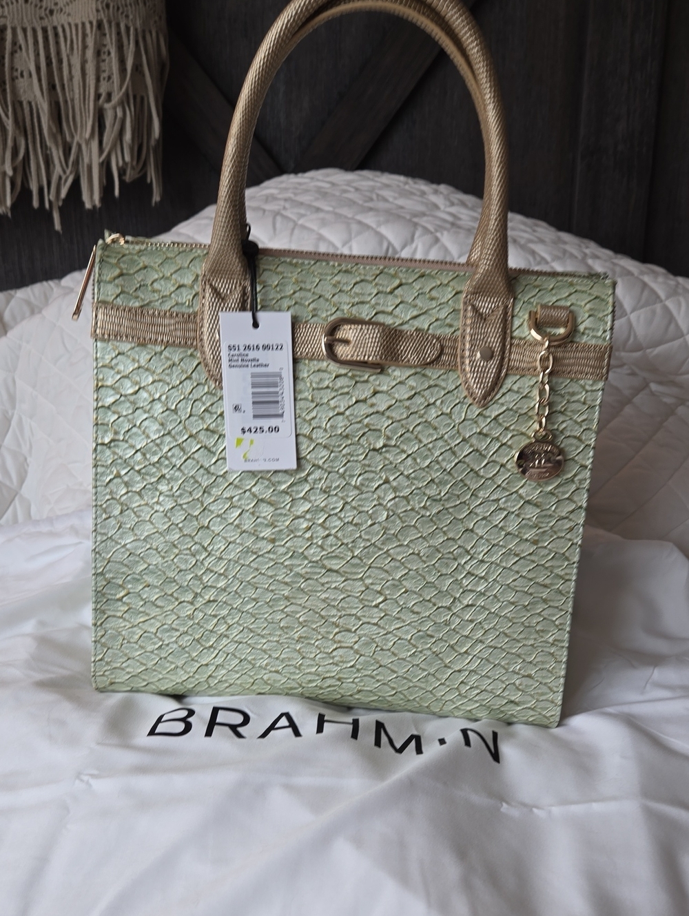 Brahmin Light Mint Textured Tote with Gold Hardware